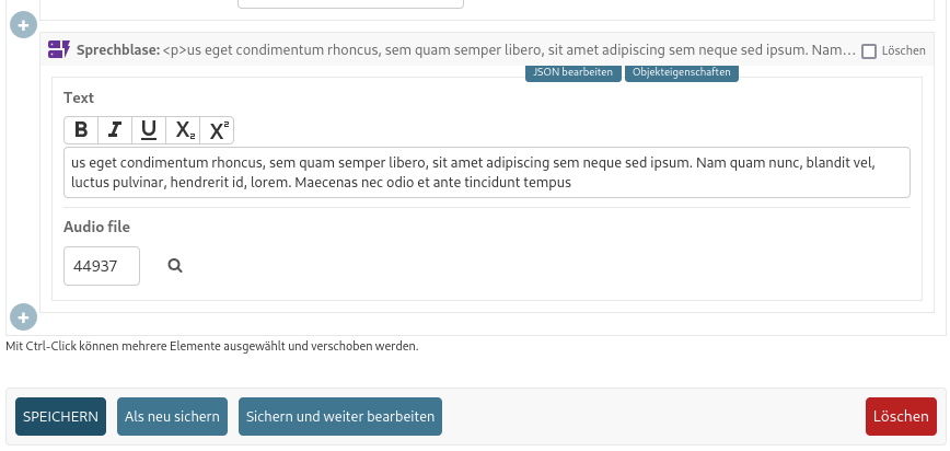 A screenshot of the JSON editor including the prose editor